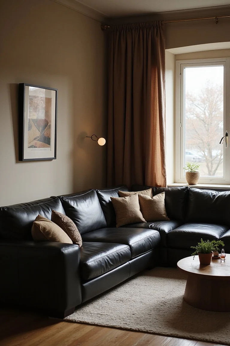 Salon cosy canape cuir noir